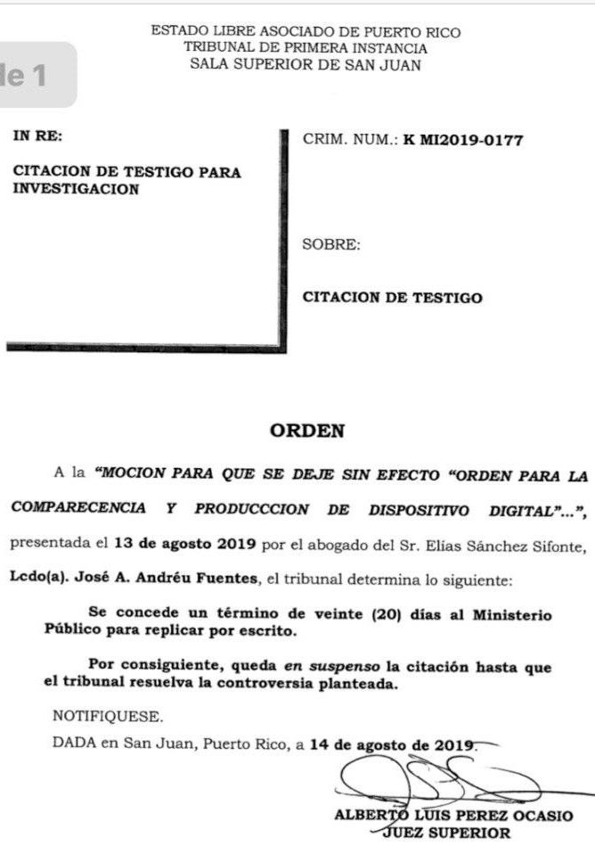 Orden Tribunal sobre celular de Elias Sanchez 14-8-19